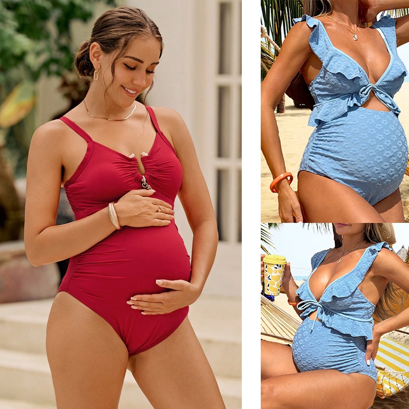 Maternity One-Piece Swimsuit, Red V-Neck, Sexy Push-Up Swimsuit, Ruched, Non-Constricting on the Belly, Suitable for Pregnancy, Vacation, Beach, Backless