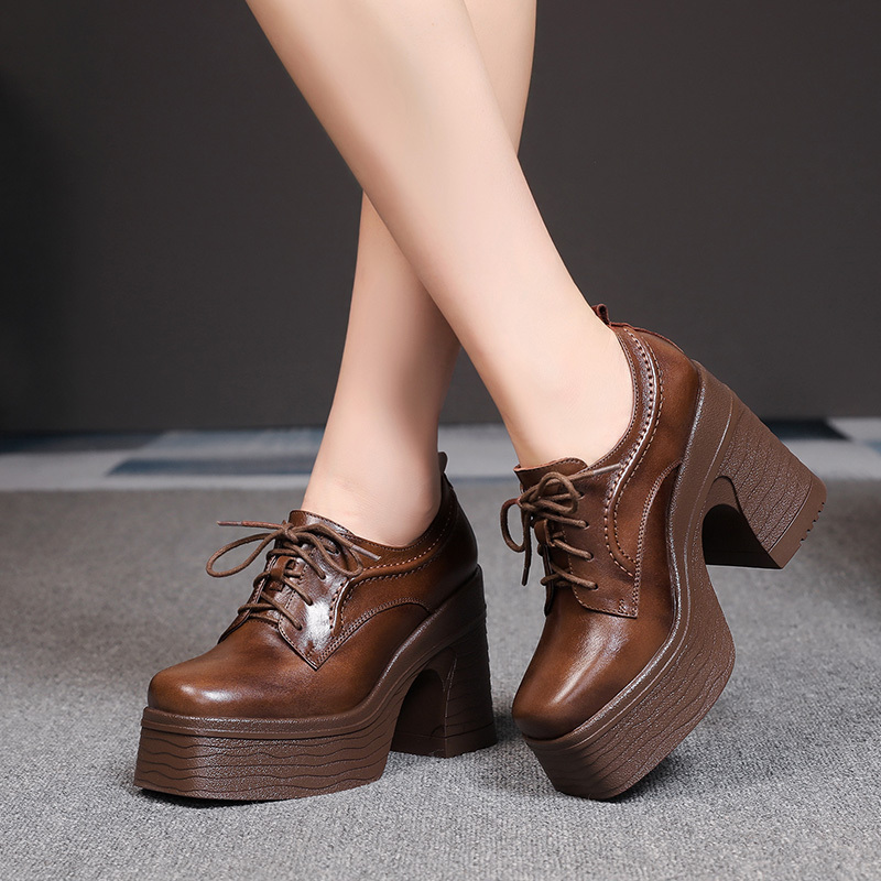 10cm Thick Heel Height-Increasing Women's Shoes, Thick-Soled Single Shoes, High-Heeled Shoes, British Style Lace-Up Spring and Autumn Genuine Leather Small Leather Shoes for Women