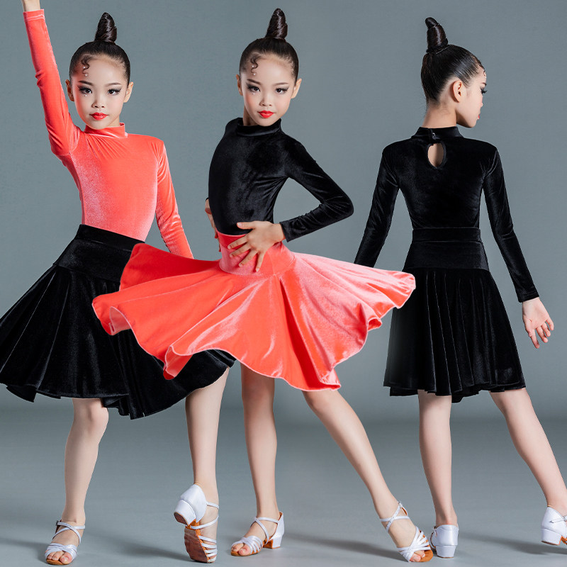 Children's Latin dance skirt children's performance clothing girls dance clothing autumn and winter long-sleeved children's Latin high-necked practice clothing