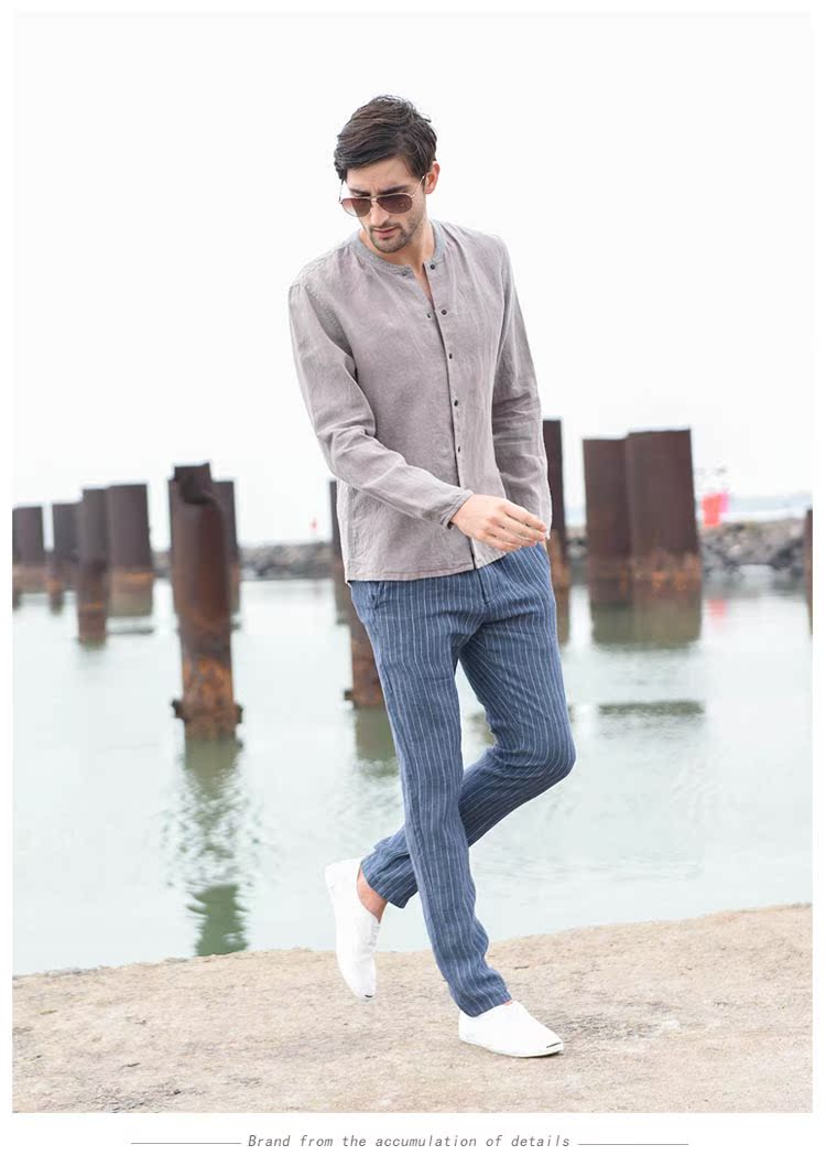 Han Xuchun mùa xuân và mùa hè dệt sọc kẻ sọc quần âu nam thẳng quần dài cotton cotton thoáng khí quần nam - Crop Jeans quần sịp