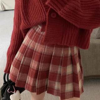 女童韩版百褶裙春秋冬款儿韩版童红色格子裙学院风亲子半身裙短裙