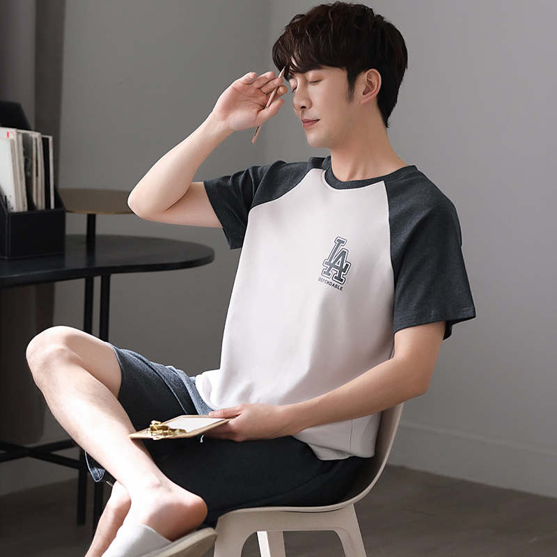 Summer men short sleeves pure cotton sleepwear thin section Increase code Loose Casual Youth Full Cotton Summer Home Conserved Suit