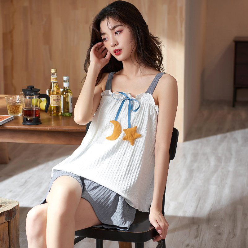 Sleepwear Lady Summer Pure Cotton Korean Version Harnesses Suit Students Summer Little Fresher Sweet Beauty Harnesses Home Suits Suit