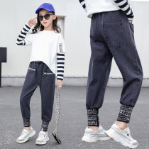 Girls  jeans spring and autumn Western style outer wear 2021 new loose autumn trousers childrens drawstring thin pants
