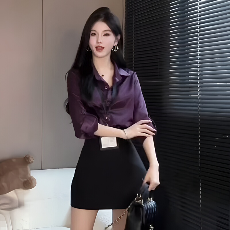 Purple Acetate Satin Shirt 2025 New Style Women's Light Luxury High-End Spring and Autumn Long-Sleeved Elegant Mature Blouse Top