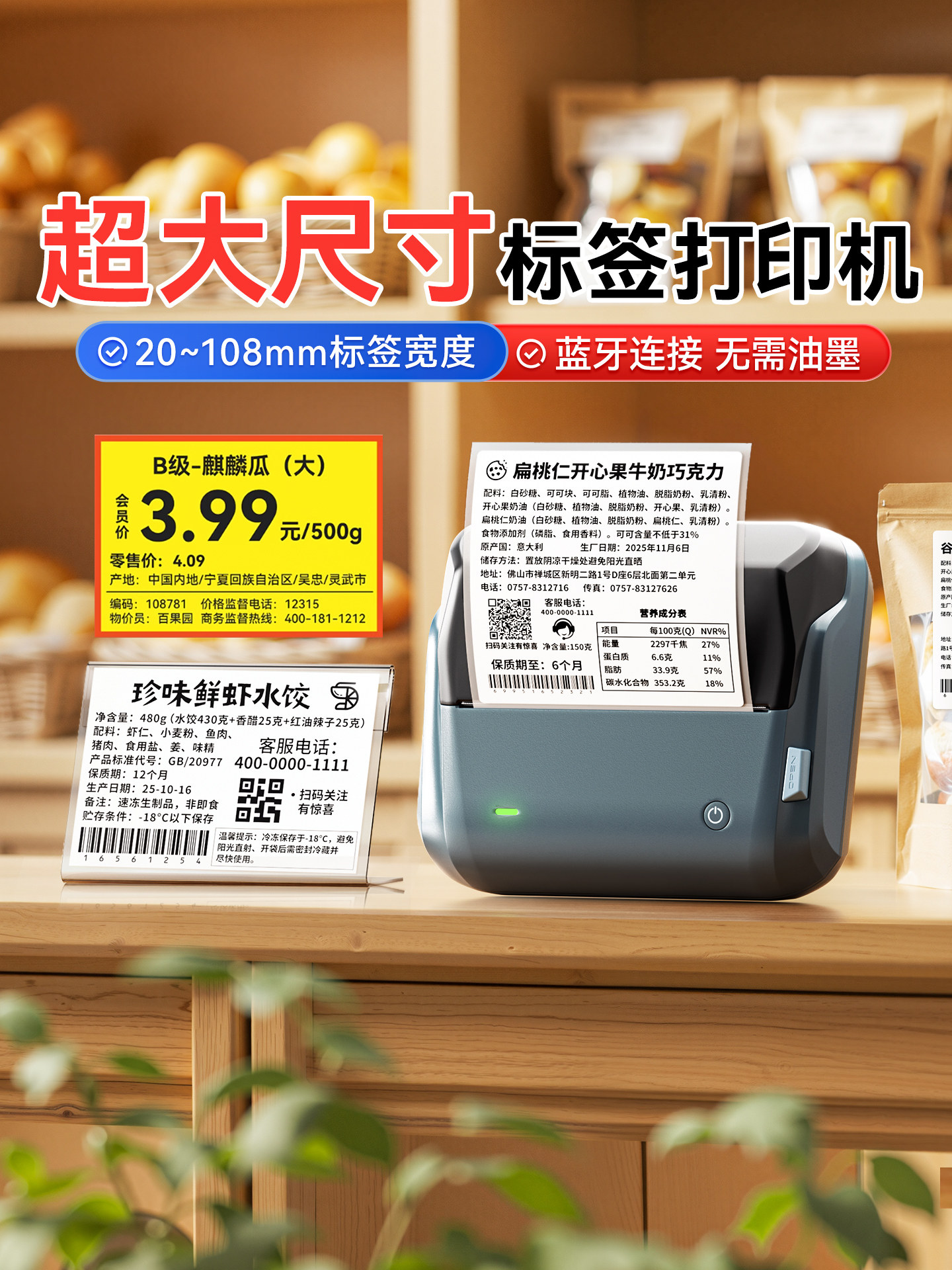 Jingchen B4 Large-Size Label Printer 110mm Wide Format for Food Prices, Supermarket, Snack Shop, Warehouse Material Box Labels, Qr Code, Barcode, Bluetooth Small Thermal Paper Label Machine
