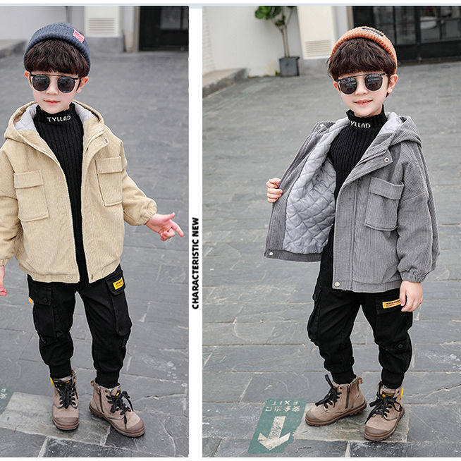 Boys plus velvet thick fried street jacket winter fashionable corduroy cotton cotton short section 2021 winter new style Western style