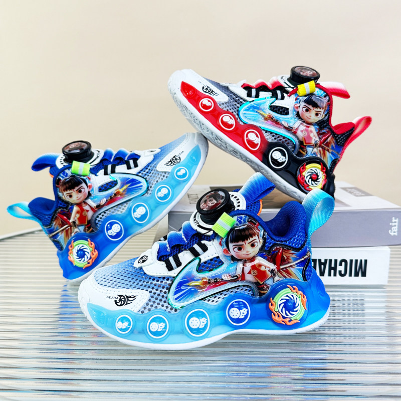 Nezha Children's Sports Shoes for Boys, Light-Up Winter Shoes, Nezha Girls' Shoes, Autumn Leather Waterproof Fleece-Lined Cotton Shoes