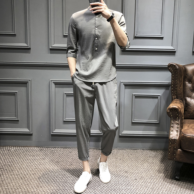 2022 summer new casual suit men's thin cotton linen ice silk breathable Korean version trend slim men's two-piece suit