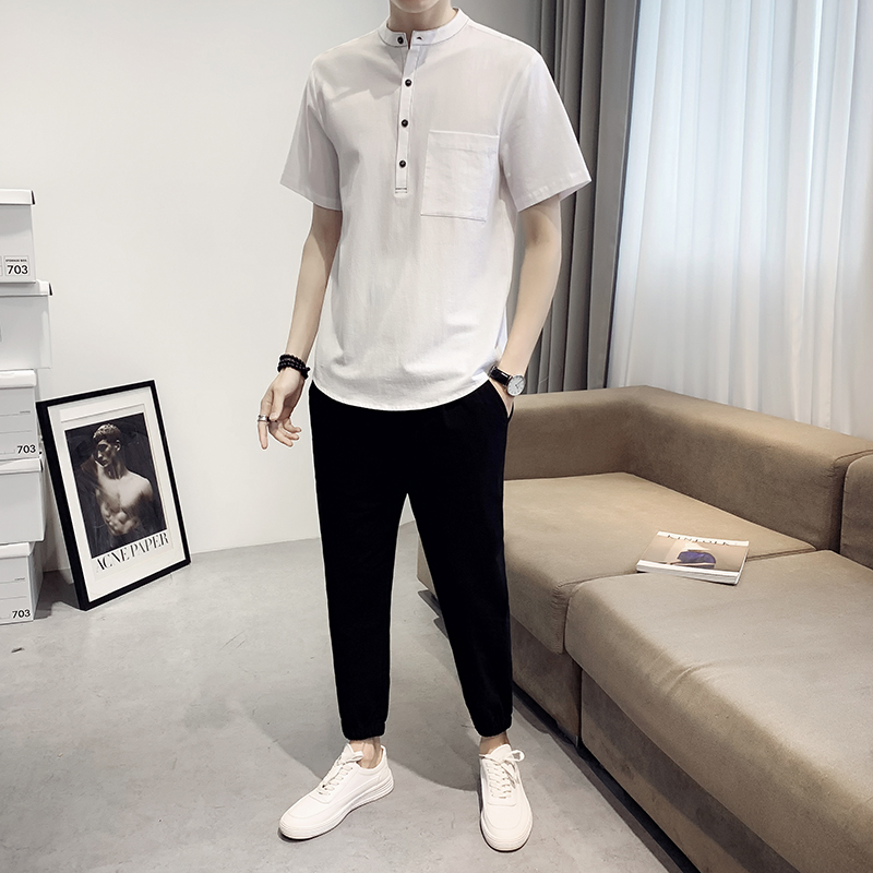 Casual Suit Men 2022 Summer thin Breathable Linen Short Sleeve T-shirt Korean version Trend Sport Men's two sets