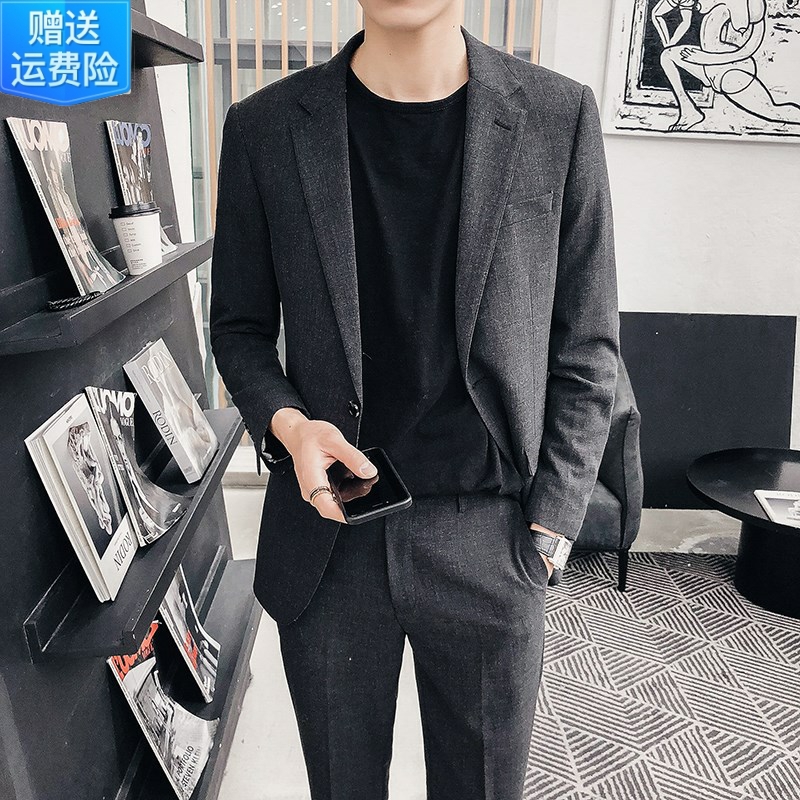 Western-style suit men's body for young Han version trendy Inron handsome and casual little suit business is loading two sets-Taobao