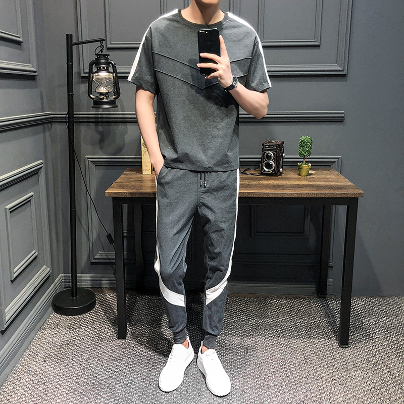 Casual suit men's 2021 autumn new cotton and linen thin section slim fit Korean version personality trend men's sports two-piece suit
