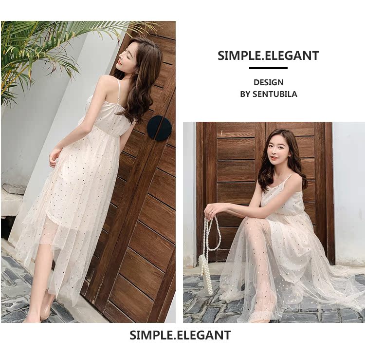 VK旗艦店 韓系網紗復古亮片星星吊帶無袖洋裝