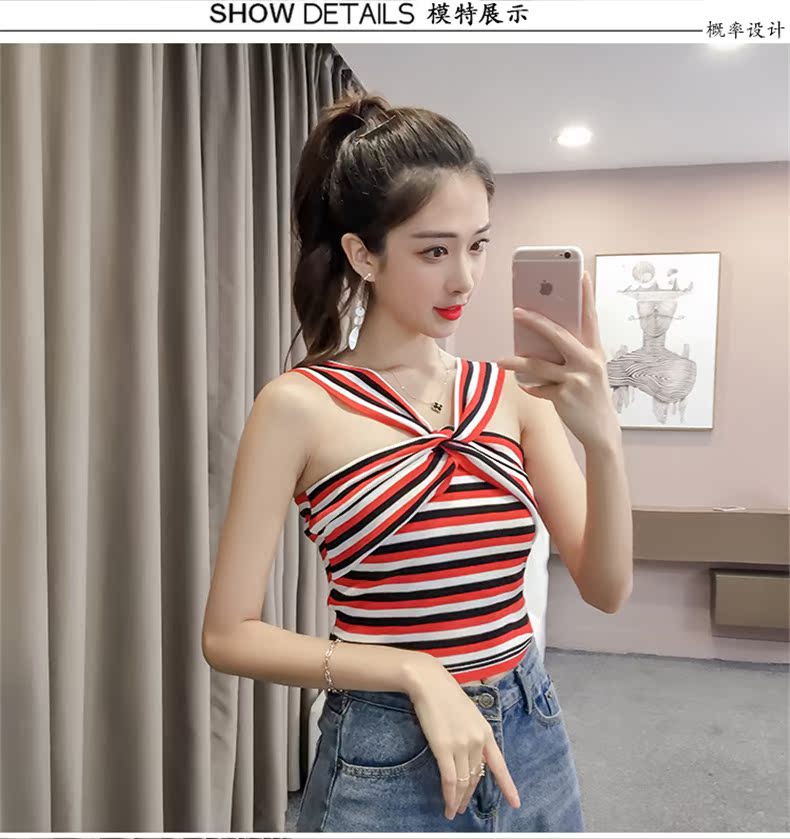 Phong cách quốc gia vest nhỏ 2019 xuân hè mới của phụ nữ hoang dã sọc đan áo không tay Hồng Kông có hương vị chẻ đôi - Áo ba lỗ áo thun nữ