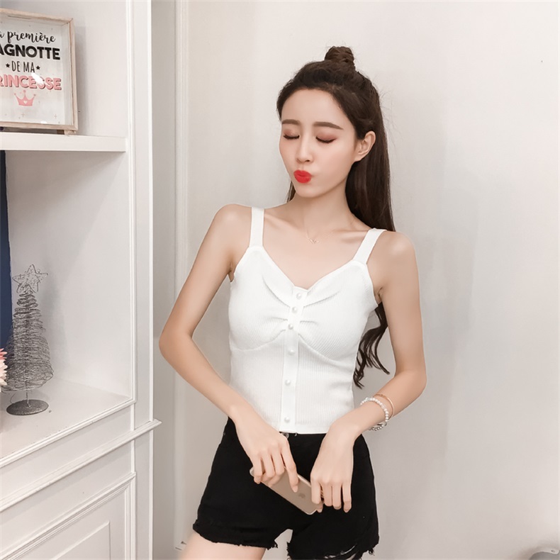 Phiên bản Hàn Quốc ngắn tay cổ chữ V chạm đáy đan dây đan 2018 hè mới thời trang bên trong áo ao kieu dep