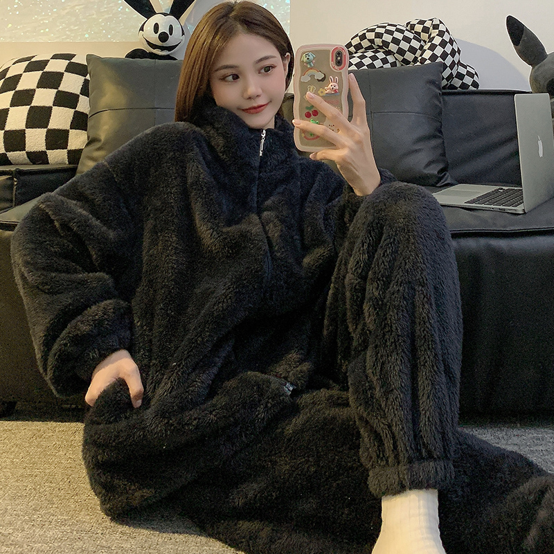 Coral Velvet Pajamas for Women in Winter, Thickened and Fleece-Lined, Black Home Wear, Fluffy Flannel Winter Zipper Set