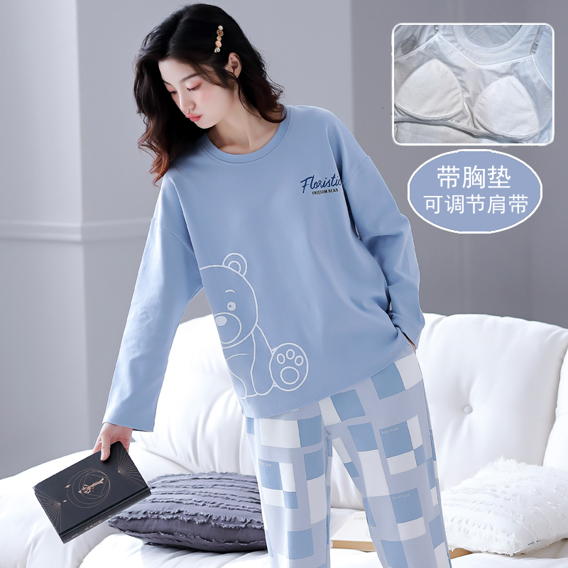 Pajamas with Breast Pads for Women, Spring and Autum Long-Sleeved Pure Cotton 2025 New Style, Can Be Worn Outside, Cartoon Summer Home Wear Set