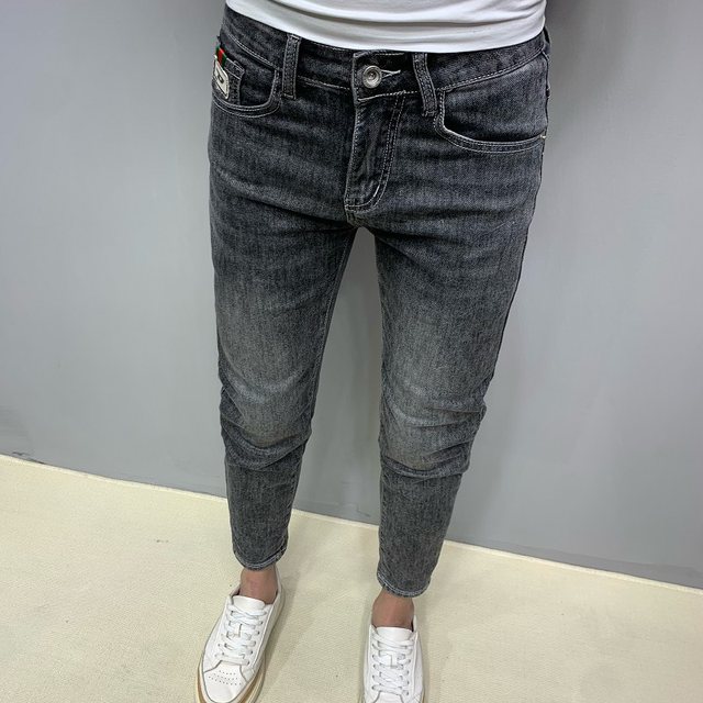 Men's Summer Thin Black Grey Jeans 2024 New Trendy Versatile Small Leg Pants Stretch Slim Fit Nine-Point Pants