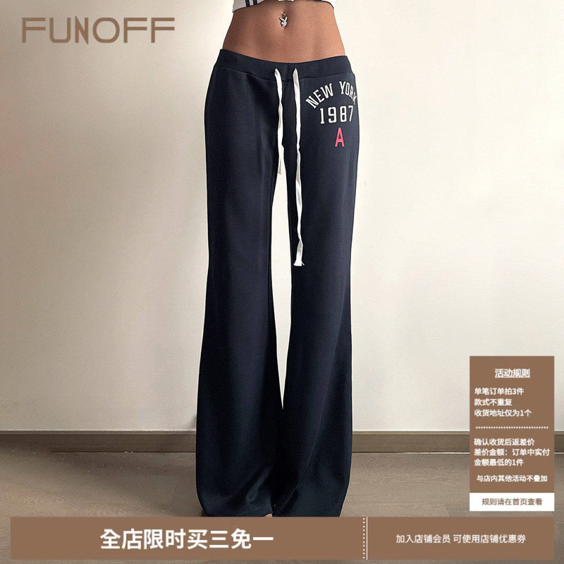 Funoff American Retro Dark Blue Printed Tie-Waist Low-Rise Knit Pants Simple Casual Straight-Leg Walking Trousers