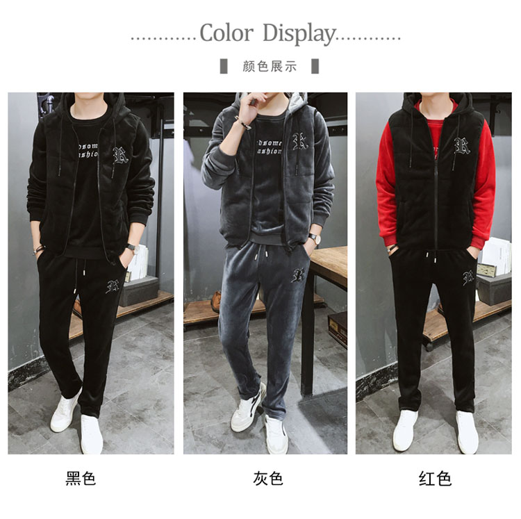 Vàng nhung ba mảnh phù hợp với áo len nam áo khoác dày thêu A21P hoa cửa hàng chính thức của nam giới - Áo len áo hoodie màu xanh dương
