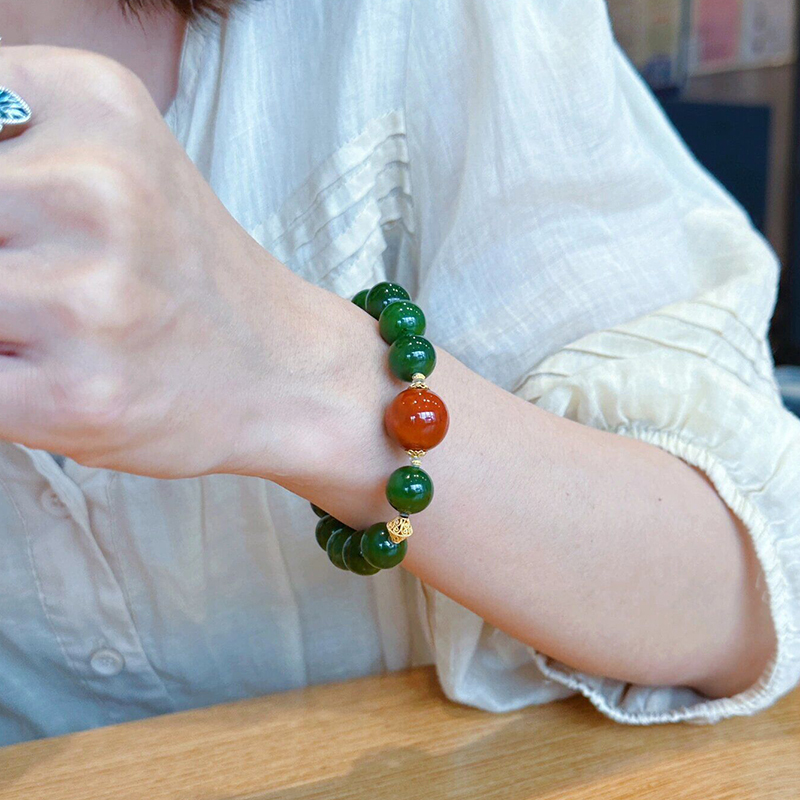 Natural Russian Jade Round Bead Single-Circle Bracelet, Hetian Jade Spinach Green Jade Bracelet Paired with Southern Red Agate, Original Design