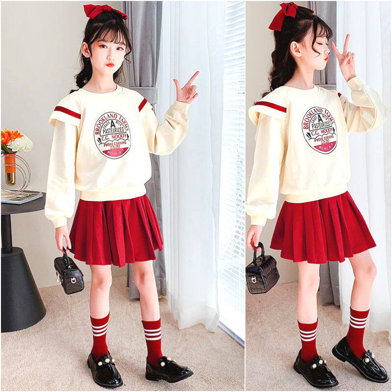 Girl Suit 2022 New Spring Autumn Girl Trendy CUHK Boy Spring Dress Blouse Foreign Pie Clothing Short Dress Two Sets