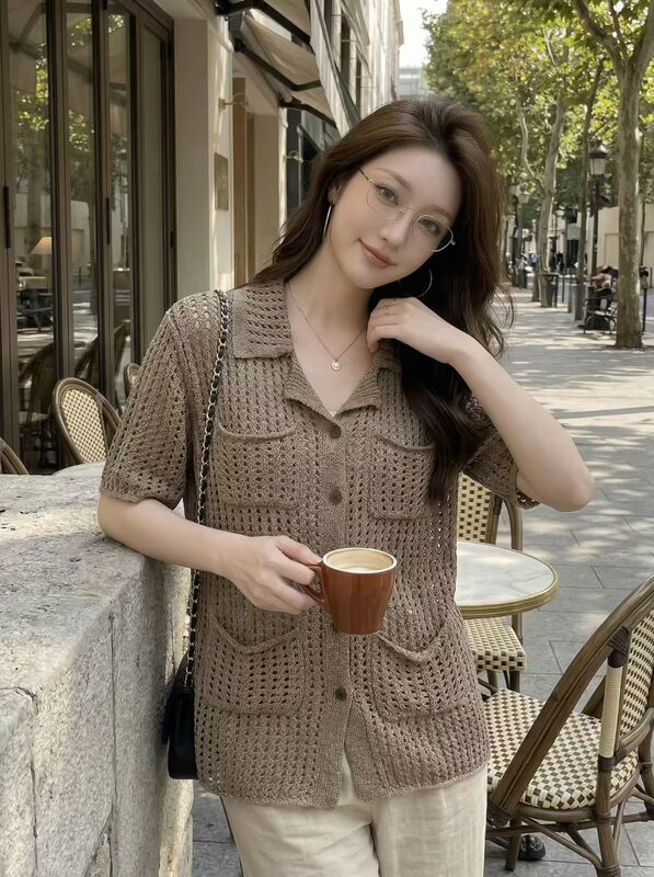 Spring and Summer New Women's Fashion Casual Versatile Lapel Paper Yarn Short-Sleeve Knit Cardigan Hollow-Out Commuter Outerwear