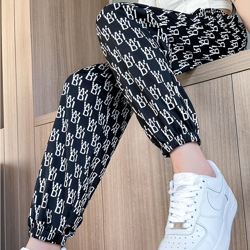 High waist sports striped wide pants female mother summer thin section small vertical straight tube ice silk 2022 new