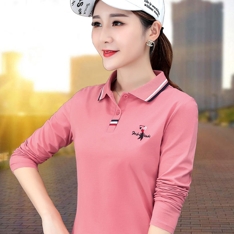 Women's Pure Cotton Polo Shirt with a Collar, Fleece-Lined Base Layer, Long-Sleeved T-Shirt, Autumn Top for Middle-Aged Mothers