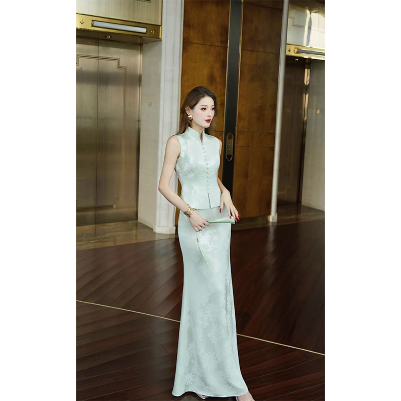 Ukefeier Light Luxury Acetate Jacquard Print Dark Pattern New Chinese Style Stand Collar Vest and Fishtail Skirt Set