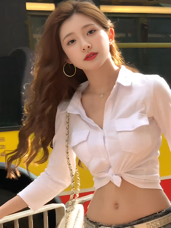 Yi Mengling's Same Style White Shirt, Pure and Alluring Style, Thin Hot Girl Shirt, Women's Summer Design, Slim Fit, Mid-Length Sleeve Top
