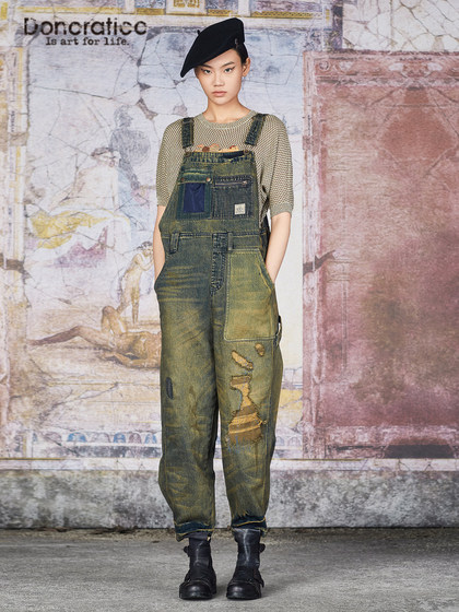 达衣岩深浅蓝时髦拼接牛仔背带裤秋季新款复古磨烂有型连身裤