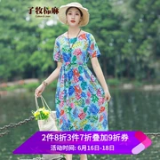 Zimu cotton Ma Linhe quần áo cửa hàng nổi 2019 hè mới cho nữ cổ tròn retro dây rút lỏng eo ngắn - Quần áo ngoài trời