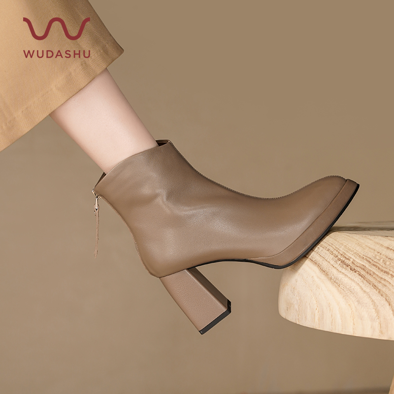 Uncle Wu Wears High-Heeled Shoes, Genuine Leather, French Style, Chunky Heel, Pointed Toe, Slim Boots, Retro Thick-Soled High-Heeled Short Boots for Women
