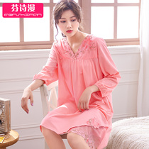 Night dress womens long-sleeved cotton spring and autumn mid-length loose Korean casual cotton autumn home clothes thin skirt