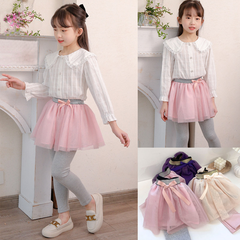 Girls leggings spring and autumn 2022 children's spring clothes baby cotton hakama fake two pieces mesh skirt pants outer wear pants