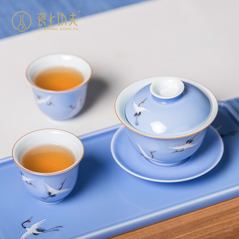 The Custom of jingdezhen ceramic three to household hand kung fu tea tureen tea cups little bowl tea thin foetus