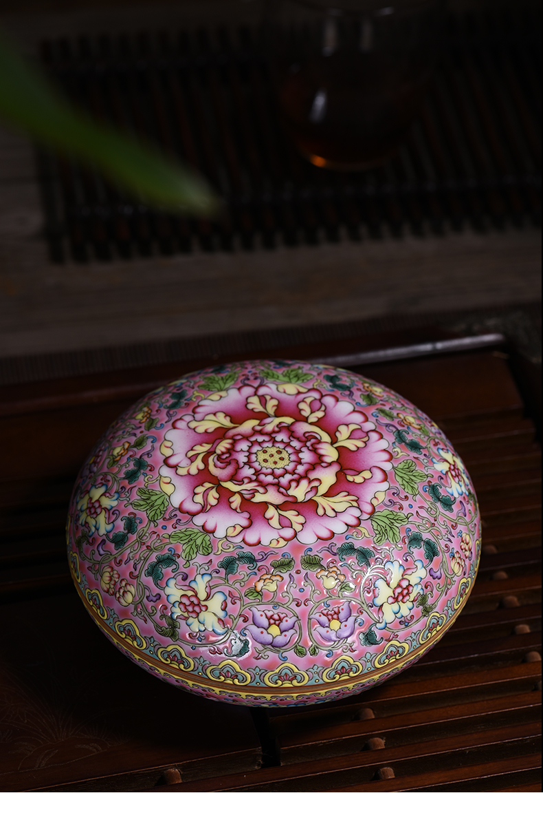 Jingdezhen pure manual hand - made colored enamel peony big heavy inkpad box of large antique archaize ceramic oversized