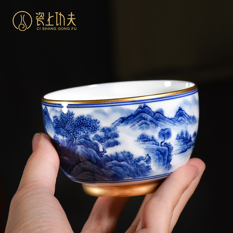 Jingdezhen blue and white landscape sample tea cup full manual pure hand - made master cup cup collection gifts kung fu tea set