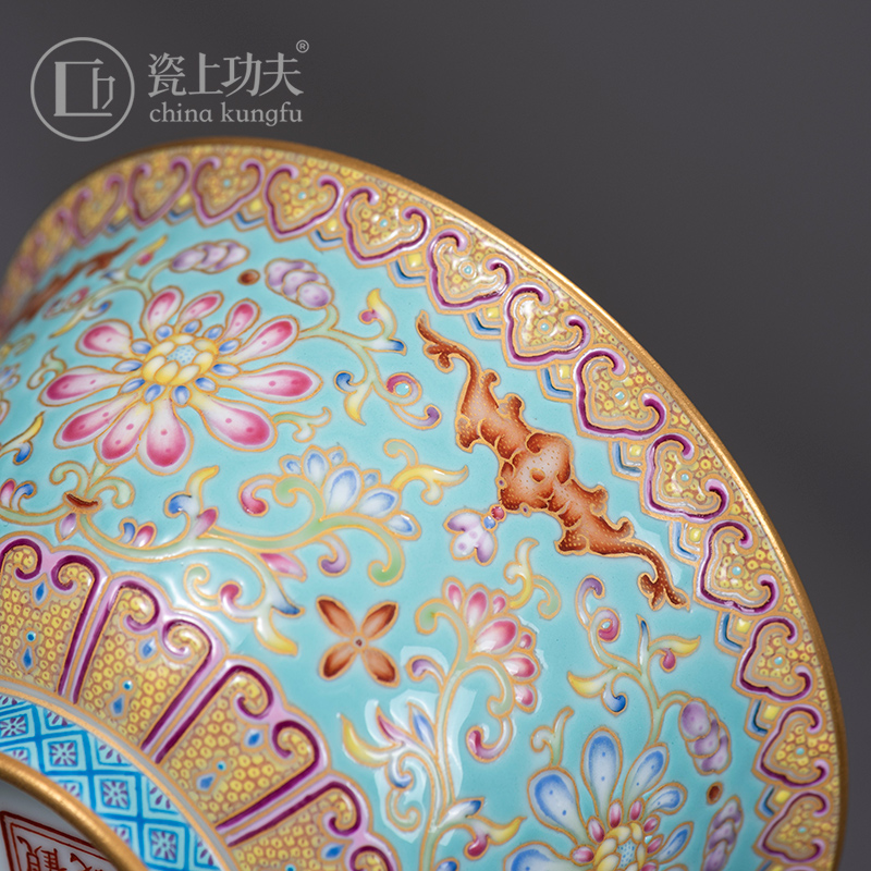 Colored enamel porcelain on kung fu turquoise, only two tureen ceramic design branch lotus large tea bowl tea orphan works