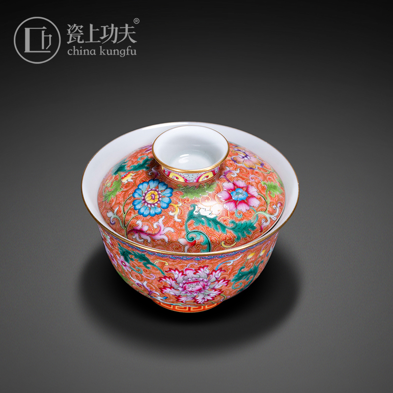 Jingdezhen hand - made flowers alum red treasure phase 2 only tureen manual kung fu porcelain enamel tea cups of tea bowl