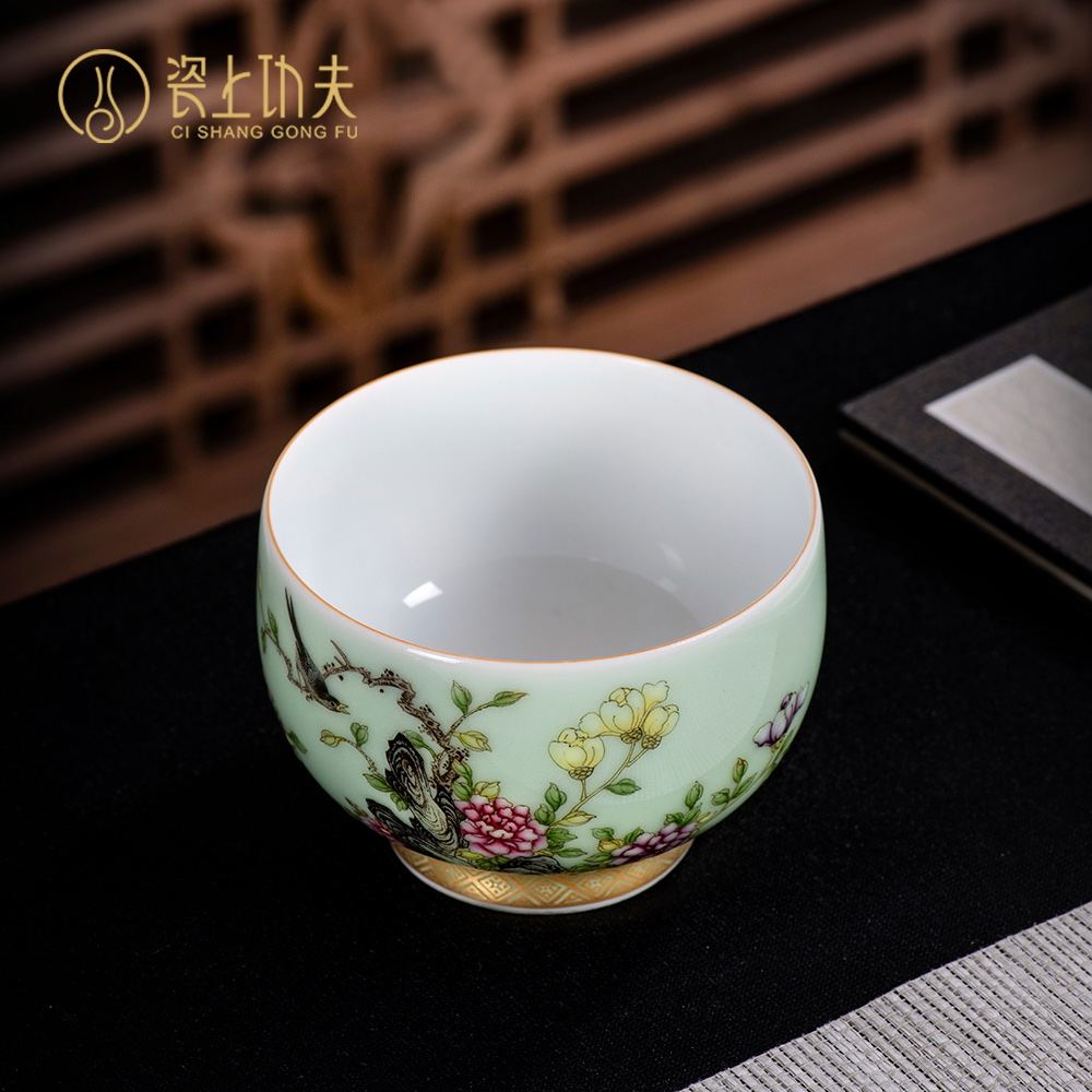 Jingdezhen kung fu tea cups peony flower sample tea cup colored enamel hand - made master cup single CPU individual customization