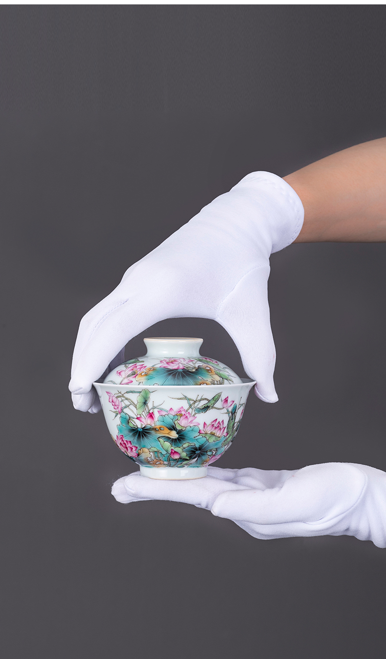 Colored enamel porcelain on kung fu lotus tureen 2 to jingdezhen ceramic high - end tea tureen large hand - made tea sets