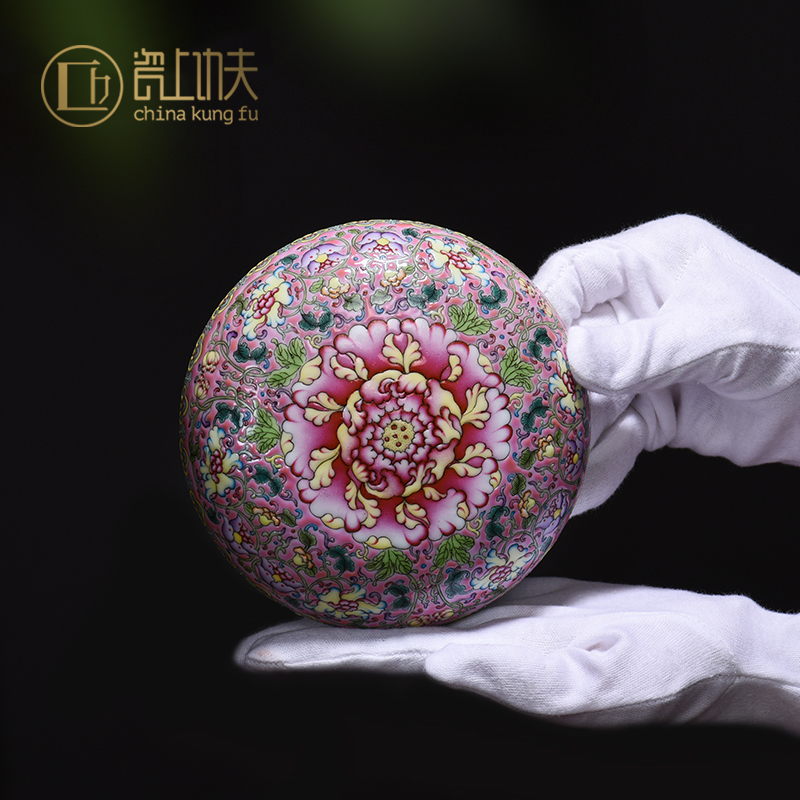Jingdezhen pure manual hand - made colored enamel peony big heavy inkpad box of large antique archaize ceramic oversized