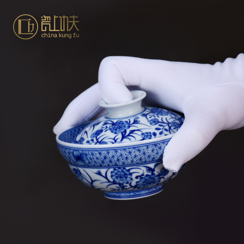 Jingdezhen blue and white porcelain kung fu tea sets hand - made tureen single hand large ceramic cups tea bowl three bowls