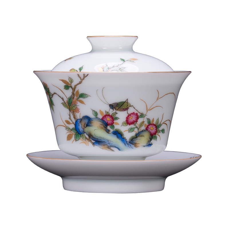 Pure manual colored enamel only three tureen jingdezhen ceramic kung fu tea set large bowl tea tureen tea cups