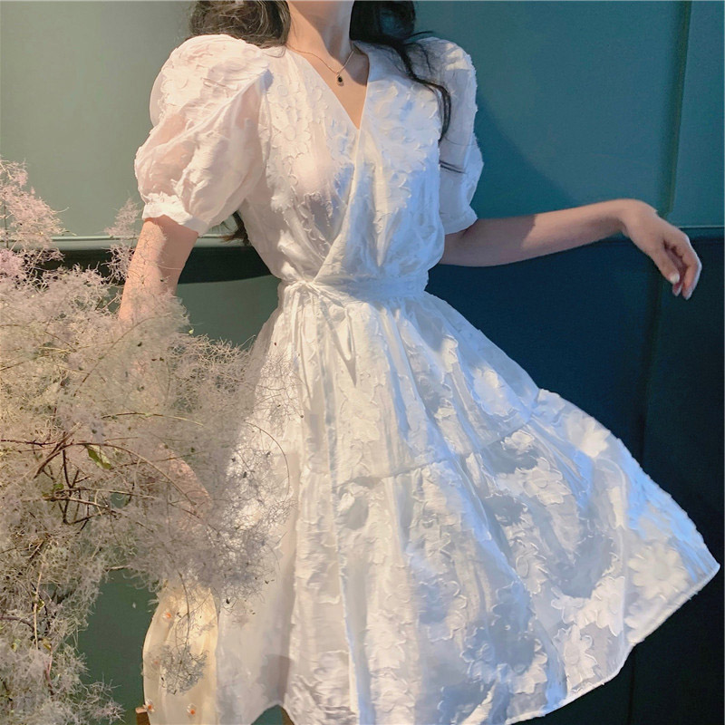 Short Dress Msummer wear 2021 new pattern skirt fairy Chaoxian Forest Department Close your waist Show thin Medium and long term organza  One piece Dress