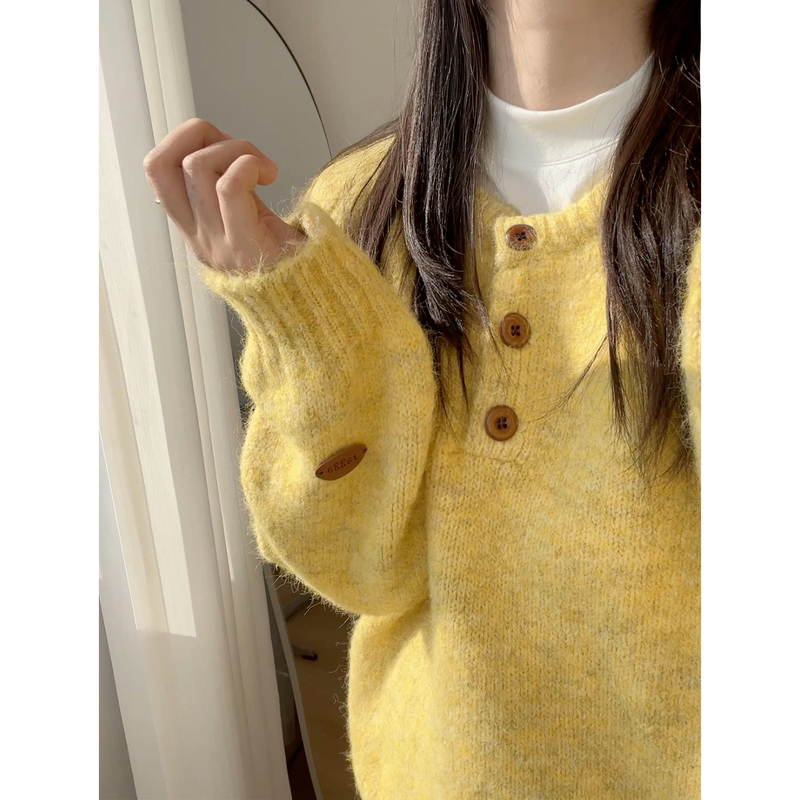 Korean-Style Knitted Sweater with a Plush Feel, Pullover Half-Open Round Neck Sweater, 2025 Autumn and Winter Style, Solid Color, Loose and Lazy Style Top