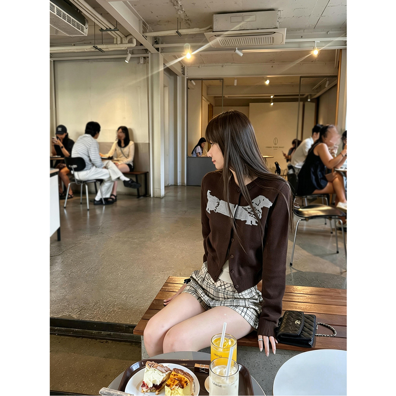 American Retro Jacquard Sweater Dachshund Knit Cardigan Jacket for Women, New Autumn Short Slim-Fit Knit Top