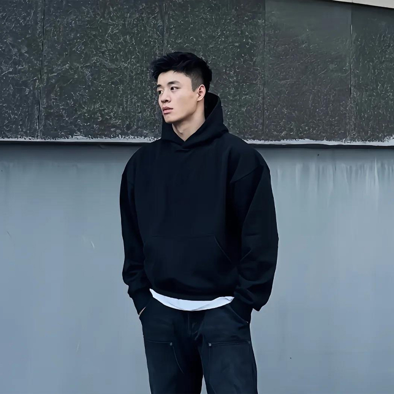 Black Cleanfit Hoodless Sweatshirt for Men, Spring and Autumn Trendy American Style Base Layer, Heavyweight Hooded Sports Jacket